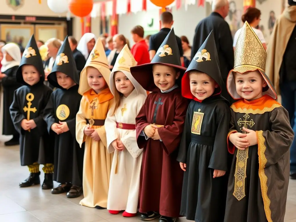 Dzieci w różnych strojach świętych na balu wszystkich świętych