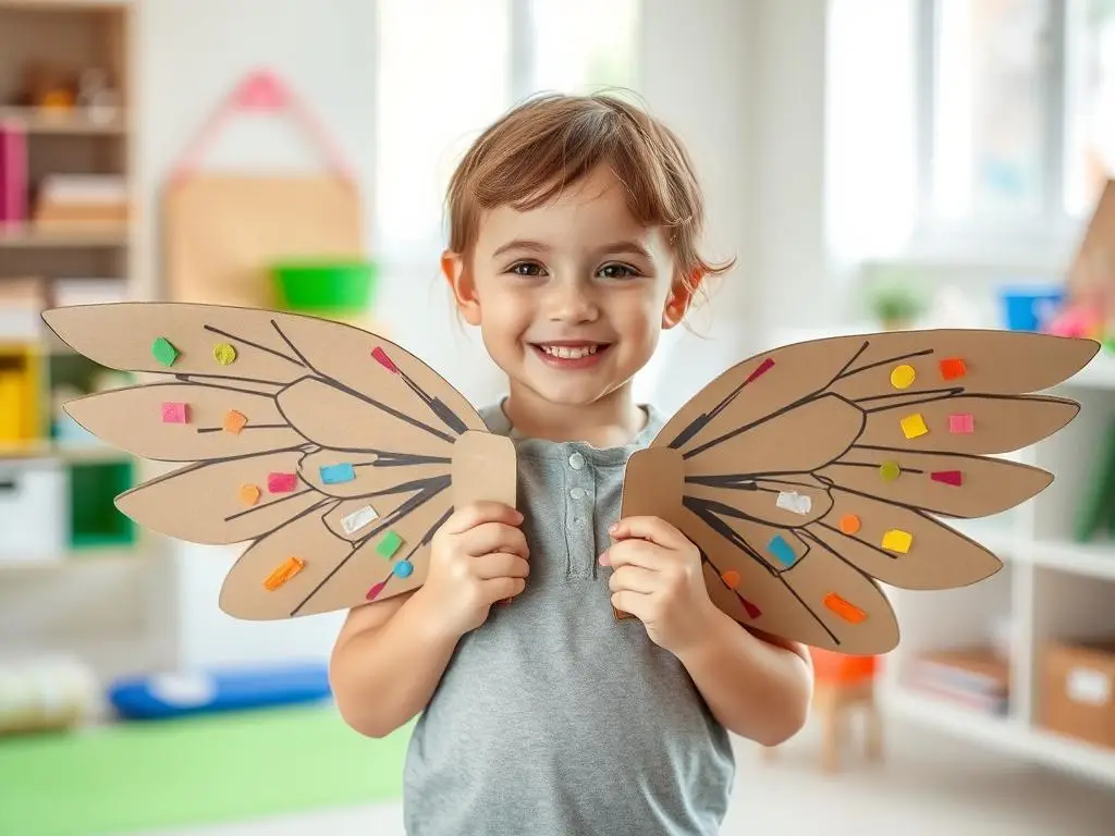 Dziecko dumnie prezentujące samodzielnie wykonane skrzydła z kartonu