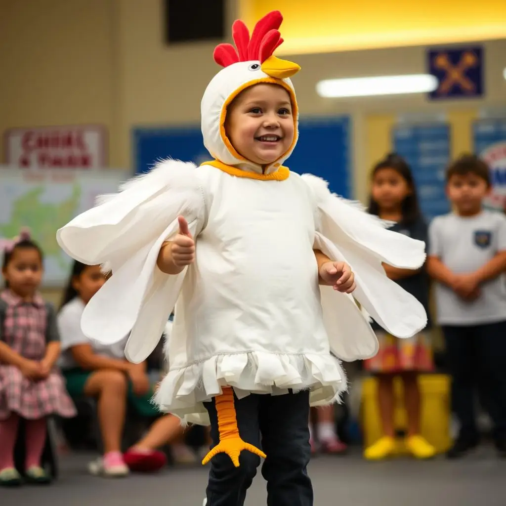 Dziecko w kompletnym stroju kury na przedstawieniu Dziecko w kompletnym stroju kury na przedstawieniu