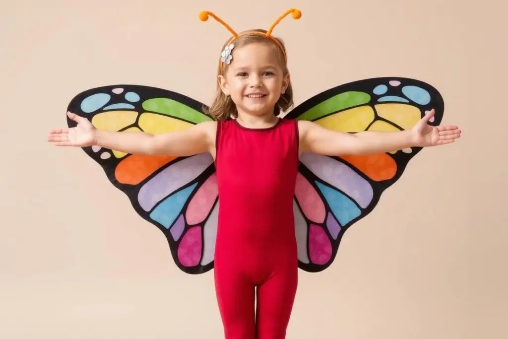 Dziecko w kompletnym stroju motyla - przykład gotowego przebrania