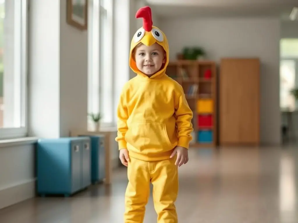 Dziecko w podstawowym żółtym stroju przed dodaniem elementów kury Dziecko w podstawowym żółtym stroju przed dodaniem elementów kury