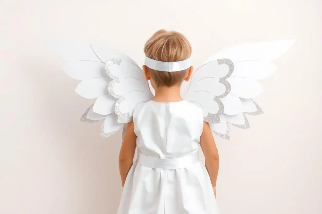 Dziecko w stroju anioła ze skrzydłami z kartonu