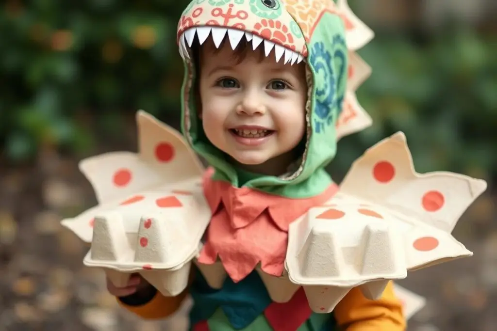 Dziecko w stroju dinozaura wykonanym z pudełek po jajkach jak zrobić strój z recyklingu