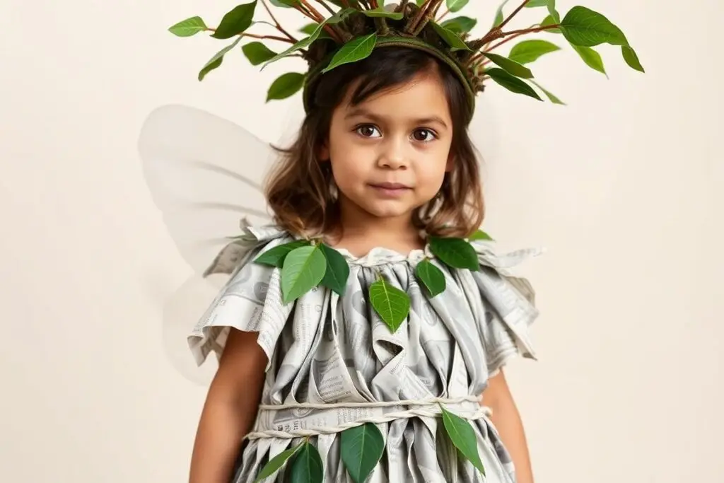 Dziecko w stroju leśnej wróżki wykonanym z gazet jak zrobić strój z recyklingu