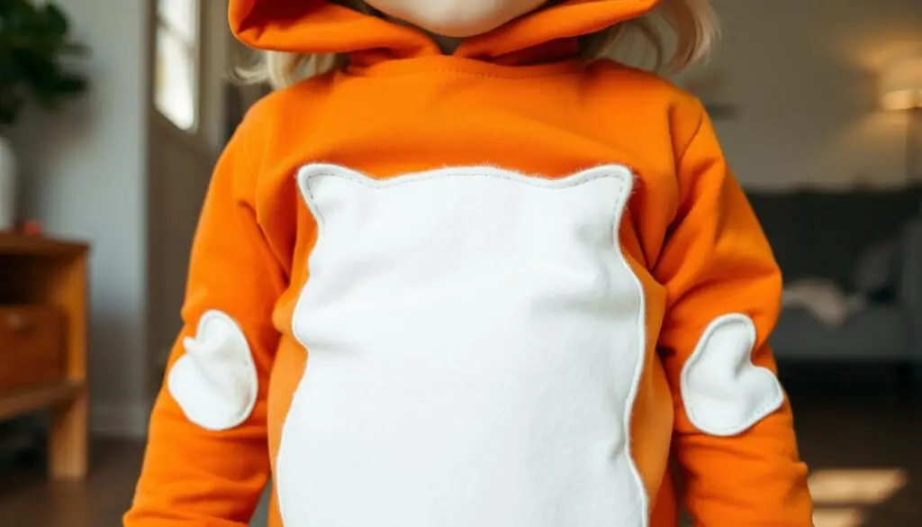 Dziecko w stroju liska z charakterystycznym białym brzuszkiem i łapkami