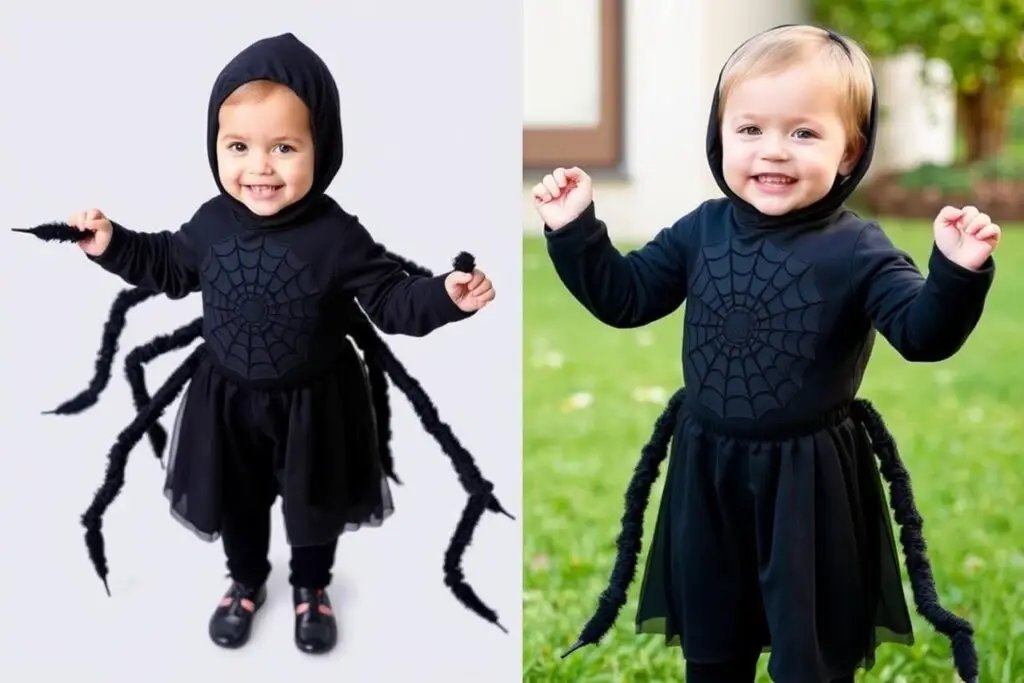Dziecko w stroju pająka wykonanym z bezpiecznych materiałów