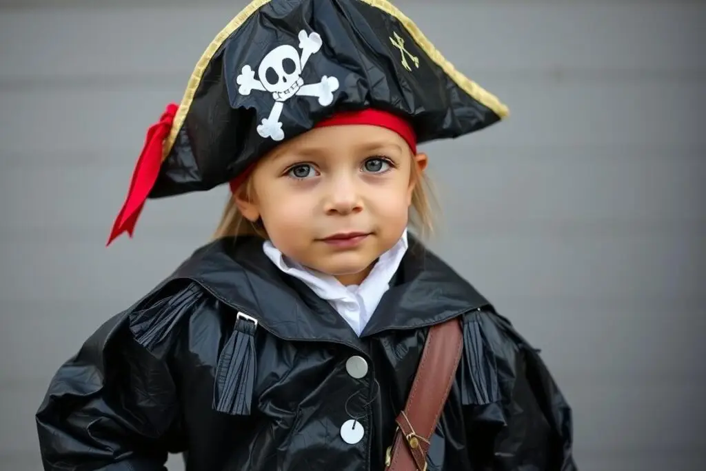 Dziecko w stroju pirata wykonanym z czarnych worków na śmieci jak zrobić strój z recyklingu