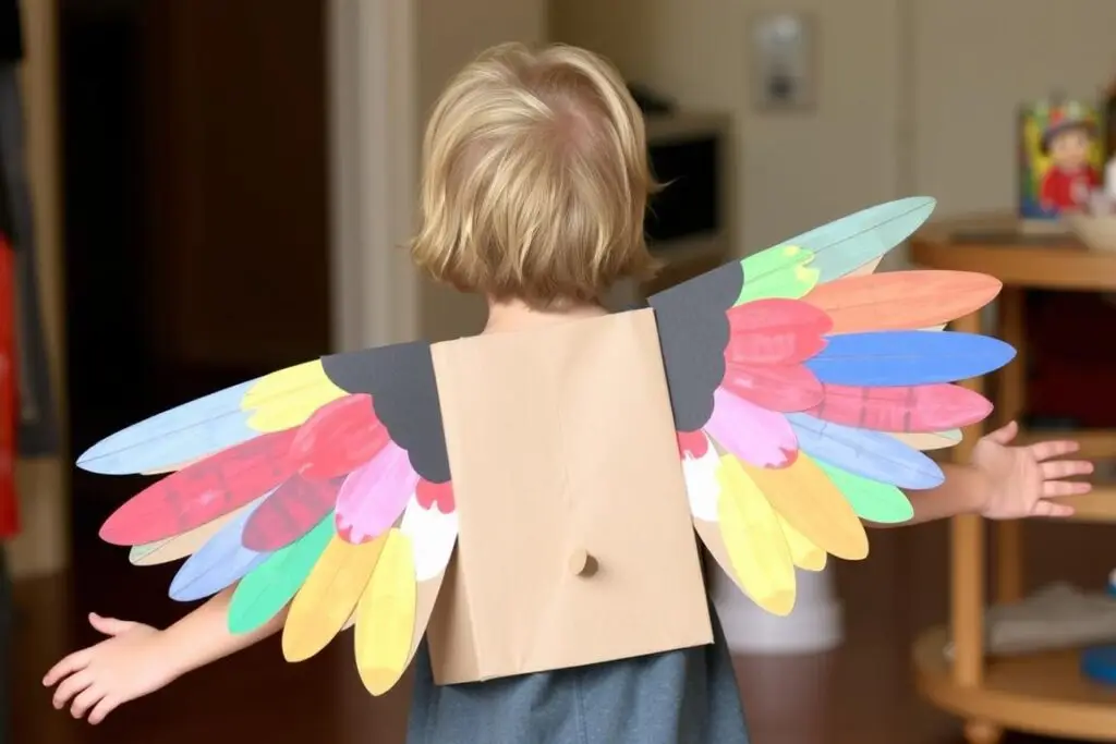 Dziecko w stroju ptaka z kartonowymi skrzydłami