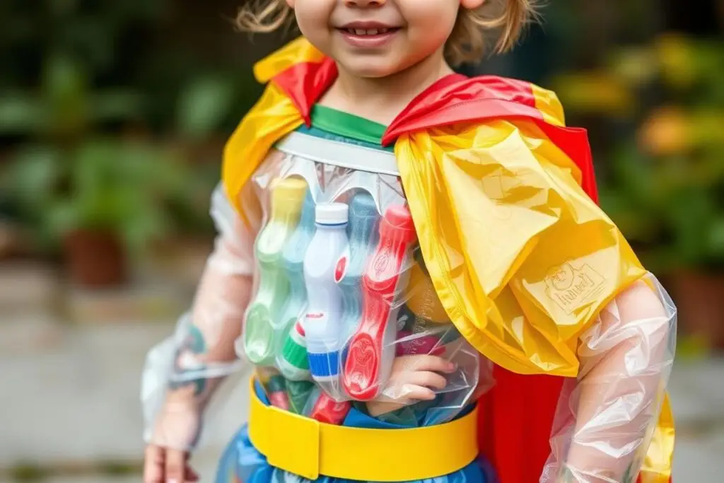 Dziecko w stroju superbohatera wykonanym z plastikowych butelek jak zrobić strój z recyklingu