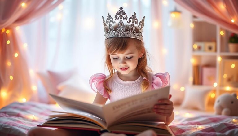 Dziewczynka w koronie czytająca książkę z baśniami, symbolizująca baśniowe imiona żeńskie
