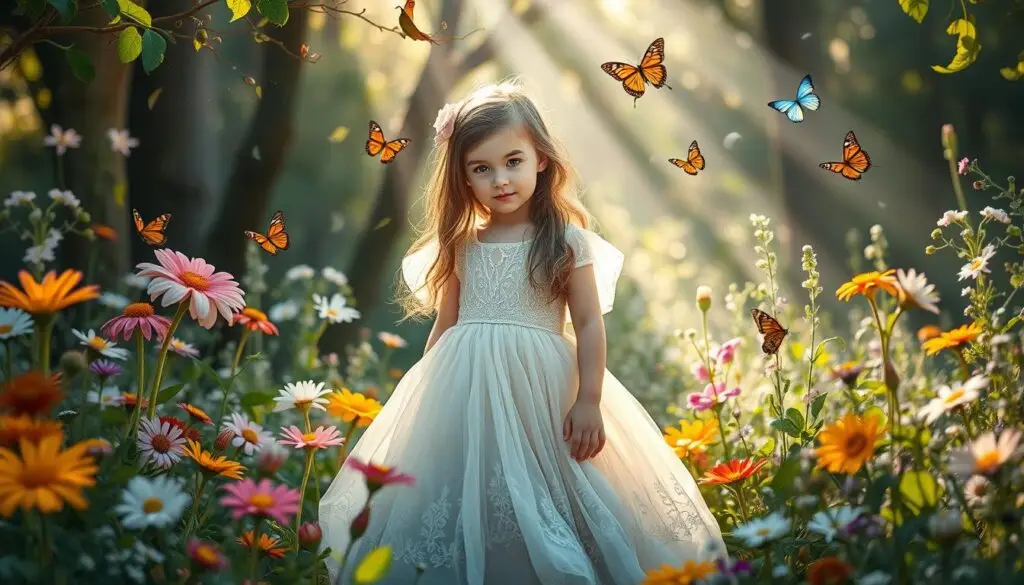 Dziewczynka w otoczeniu kwiatów i motyli, symbolizująca baśniowe imiona żeńskie inspirowane naturą