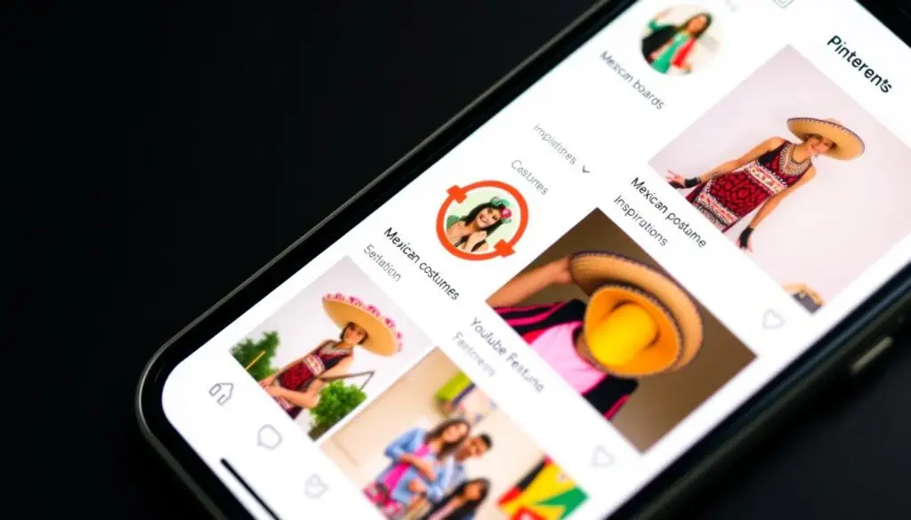Ekran telefonu pokazujący media społecznościowe z inspiracjami do stroju meksykańskiego Ekran telefonu pokazujący media społecznościowe z inspiracjami do stroju meksykańskiego