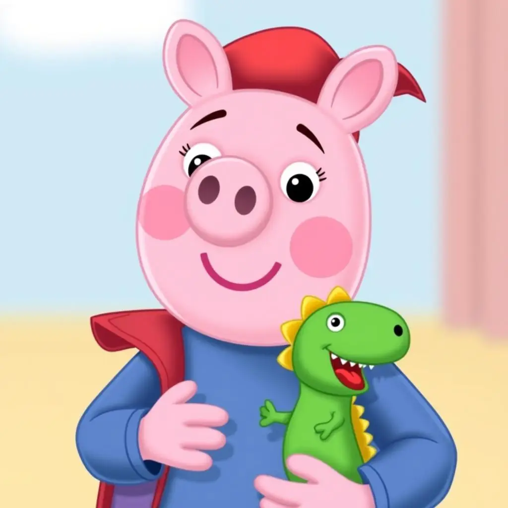 George z Świnki Peppy z zabawkowym dinozaurem