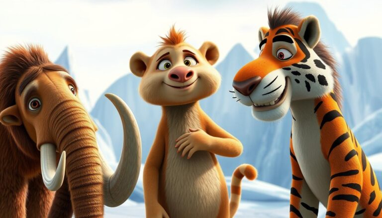 Główne postacie z Epoki Lodowcowej - Maniek, Sid i Diego stoją razem na tle lodowego krajobrazu