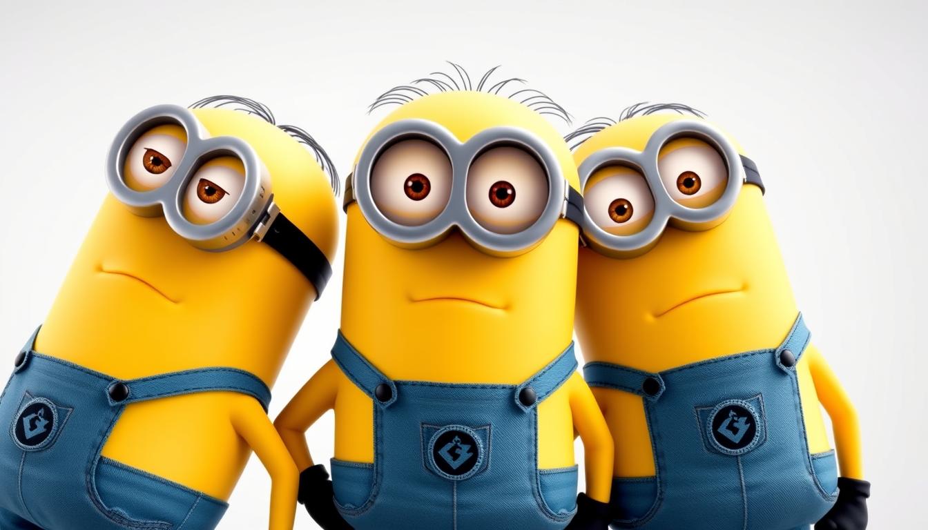 Główne postacie z Minionków - Kevin, Stuart i Bob stoją obok siebie w jeansowych ogrodniczkach i goglach