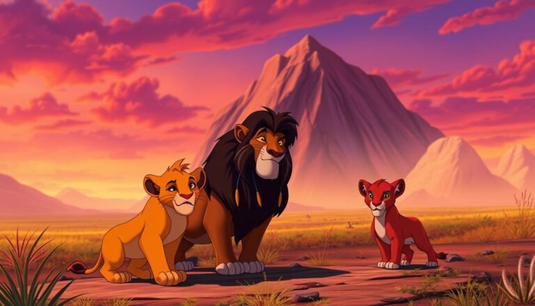 Główne postacie z filmu Król Lew - Simba, Mufasa, Skaza i Nala