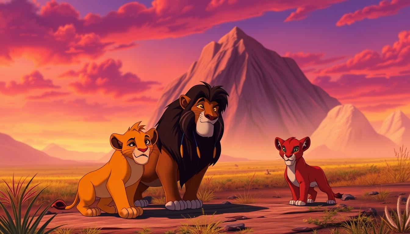 Główne postacie z filmu Król Lew - Simba, Mufasa, Skaza i Nala