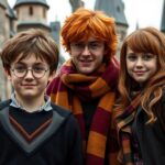 Główni bohaterowie Harry Potter - Harry, Ron i Hermiona stoją razem w Hogwarcie, imiona z Harrego Pottera