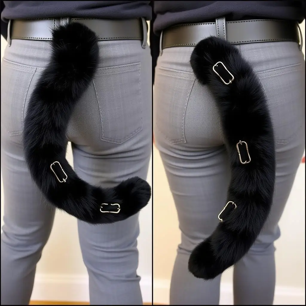 Gotowy ogon kota przymocowany do paska spodni