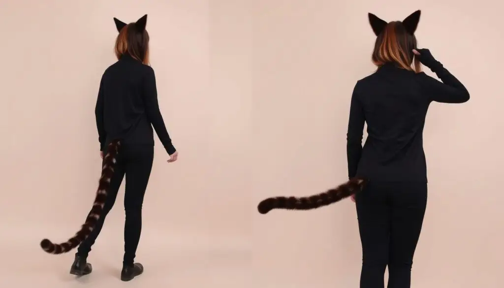 Gotowy ogon kota z rajstop na osobie w kostiumie kota