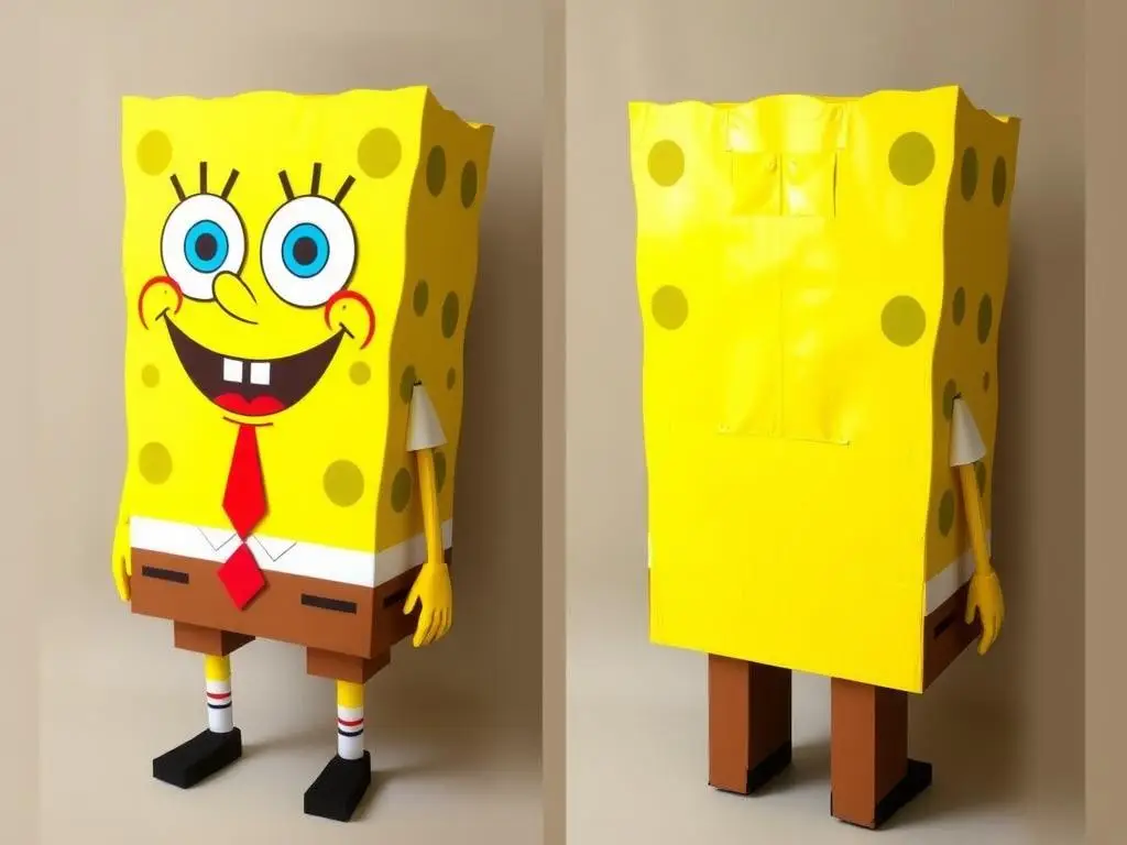 Gotowy strój SpongeBoba z kartonu - widok z przodu i z tyłu