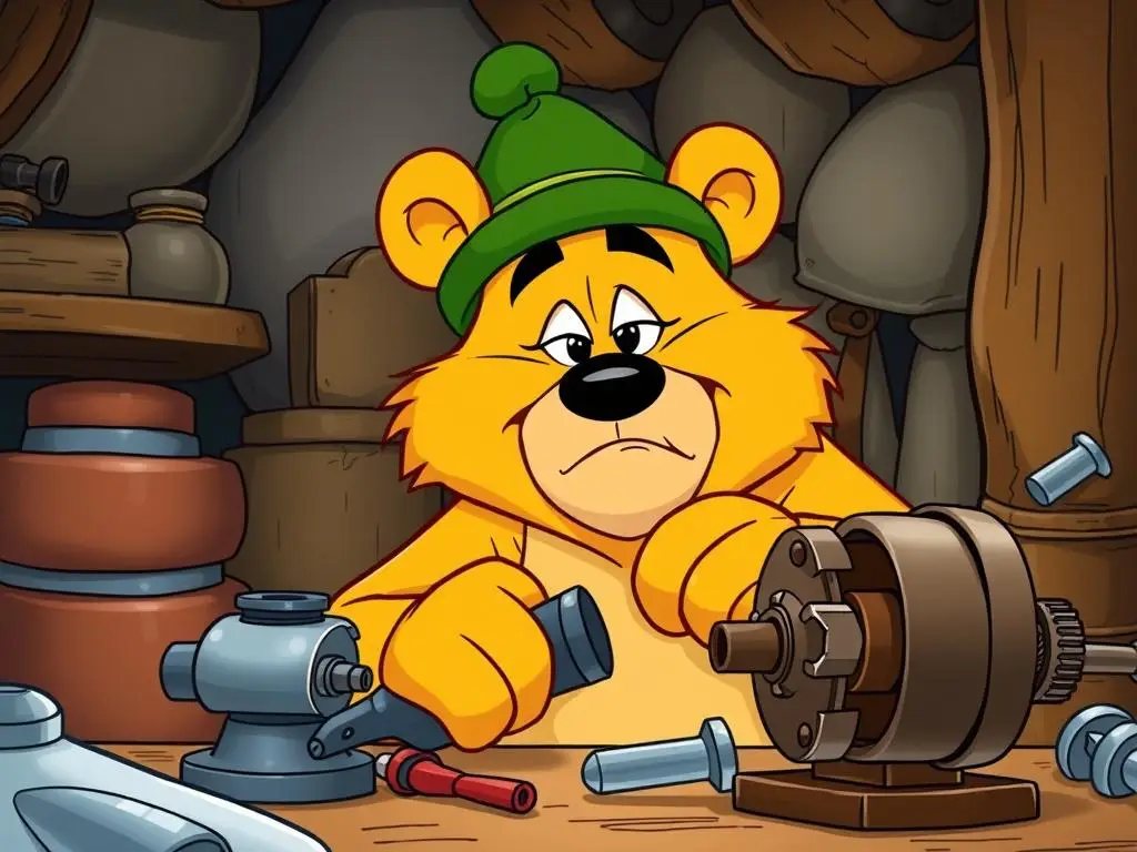 Grafi Gumiś pracujący nad naprawą mechanizmu w Gumisiowej Dolinie