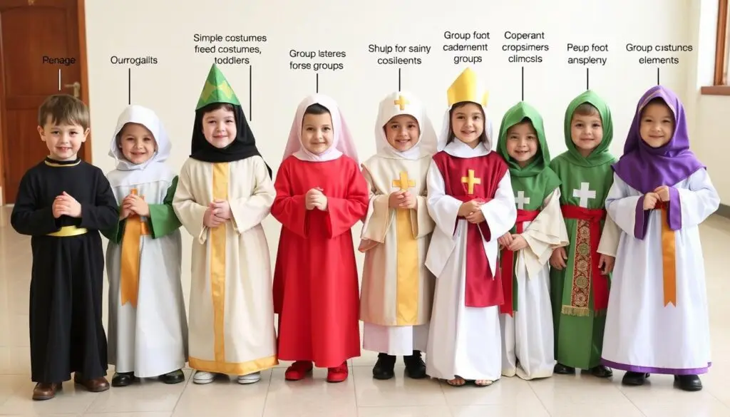 Grupa dzieci w różnych strojach świętych dostosowanych do ich wieku