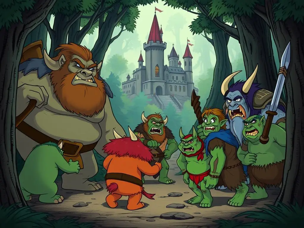 Grupa ogrów i trolli z bajki Gumisie przygotowujących się do ataku