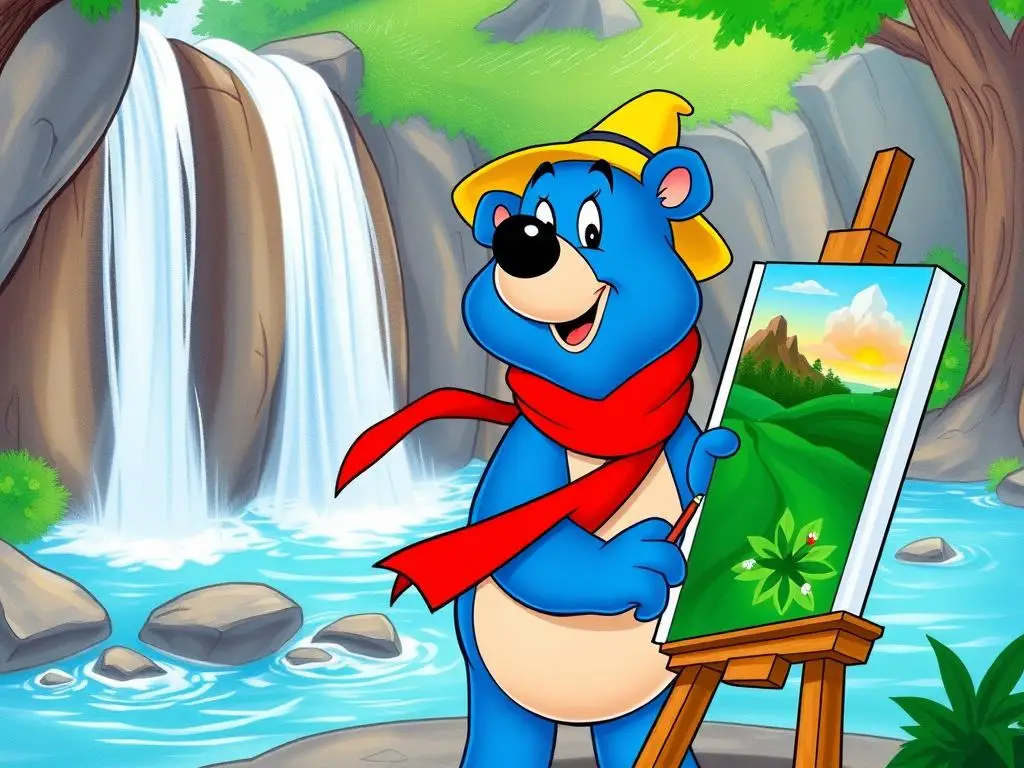 Gusto Gumiś malujący obraz w swoim artystycznym studio za wodospadem