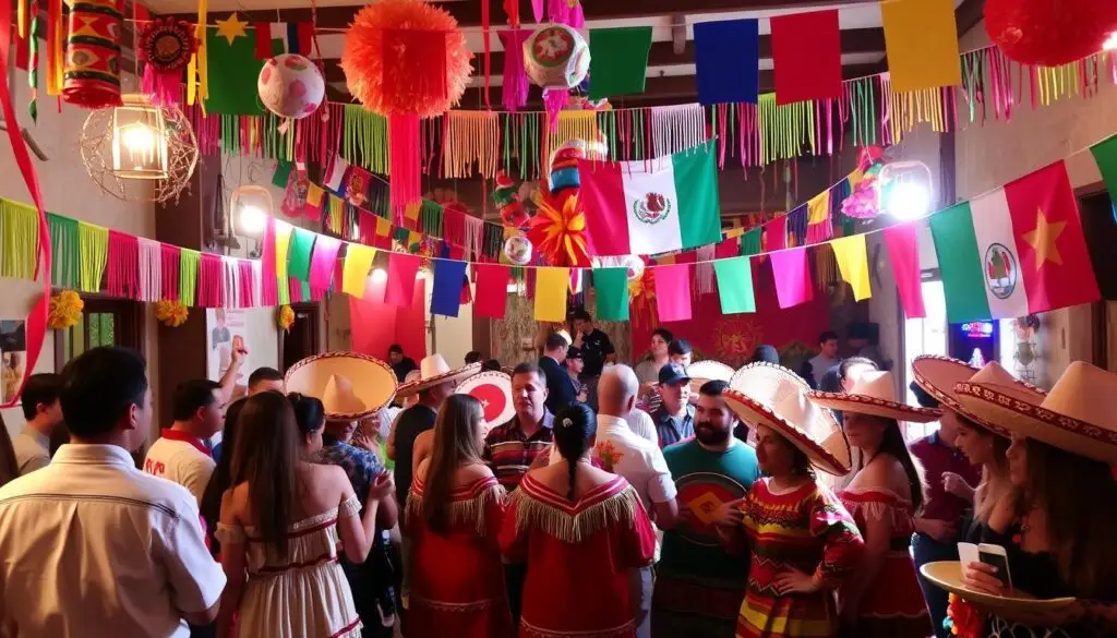 Impreza w stylu meksykańskim z kolorowymi dekoracjami i ludźmi w strojach meksykańskich Impreza w stylu meksykańskim z kolorowymi dekoracjami i ludźmi w strojach meksykańskich