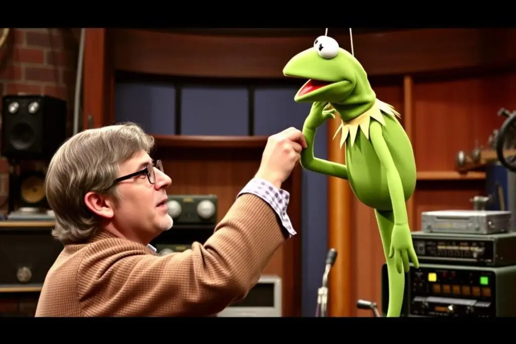 Jim Henson animujący Kermita żabę za kulisami