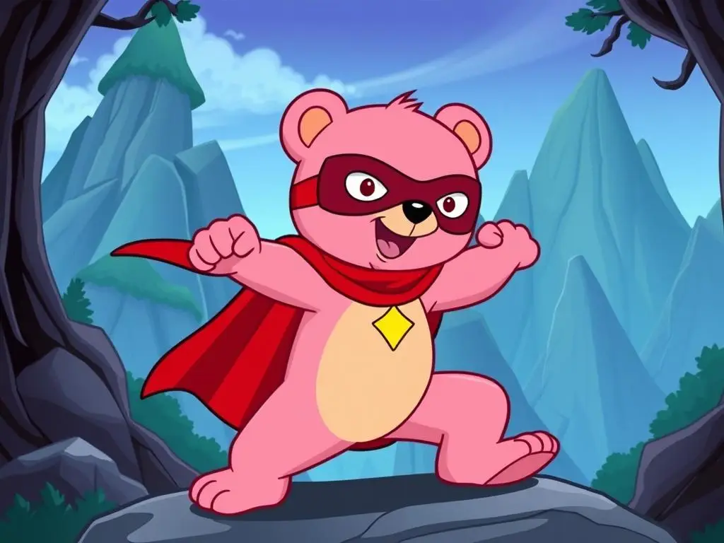 Kabi Gumiś w przebraniu Szkarłatnego Mściciela na tle Gumisiowej Doliny