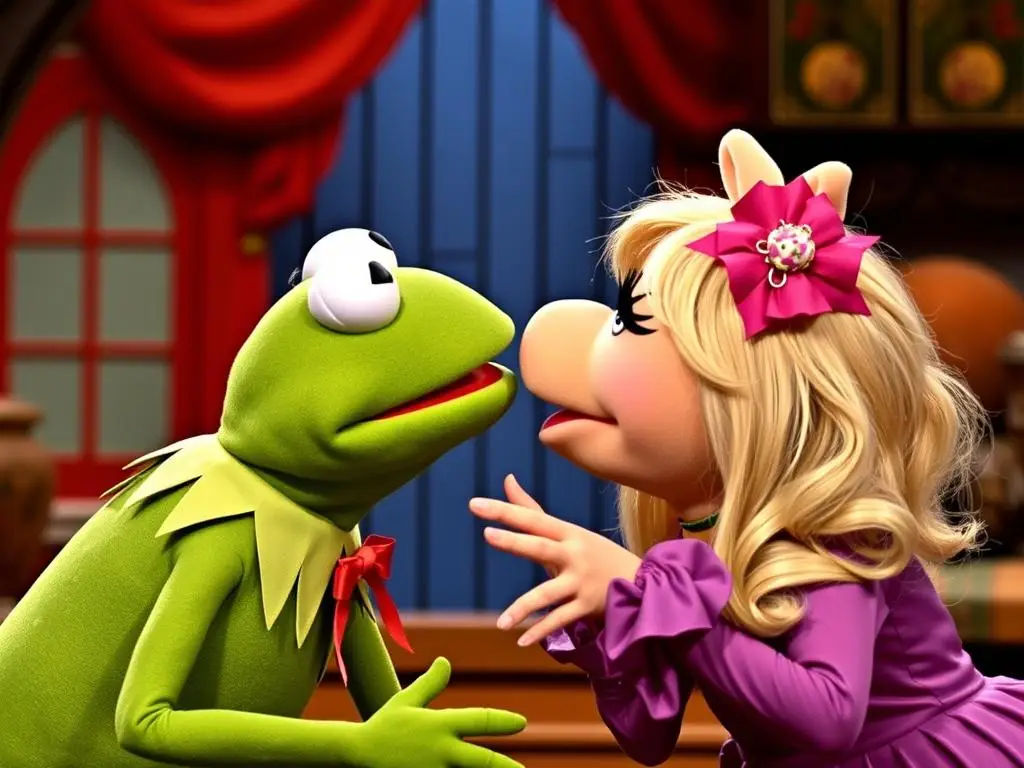 Kermit żaba i Miss Piggy w romantycznej scenie