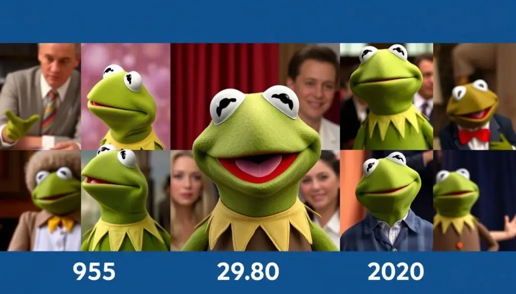 Kermit żaba jako ikona popkultury na tle różnych epok