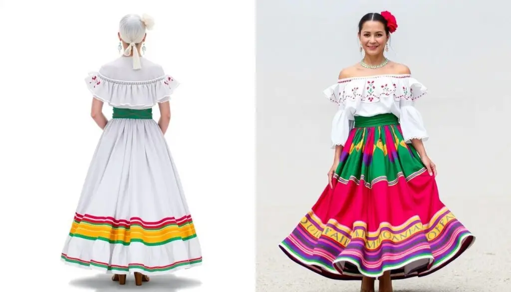 Kobieta w tradycyjnym meksykańskim stroju z kolorową spódnicą i białą bluzką Kobieta w tradycyjnym meksykańskim stroju z kolorową spódnicą i białą bluzką