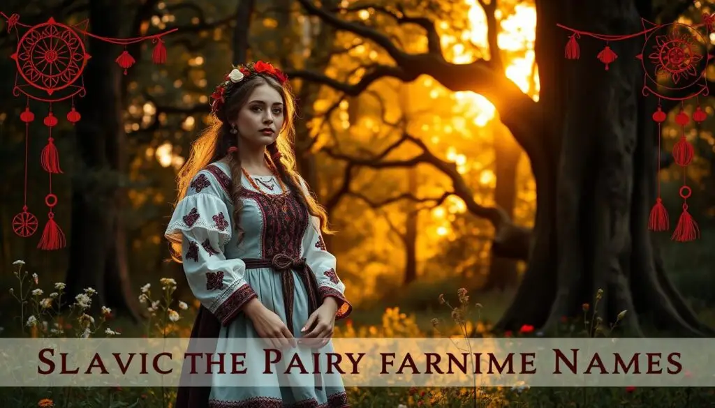 Kobieta w tradycyjnym słowiańskim stroju w lesie, symbolizująca słowiańskie baśniowe imiona żeńskie