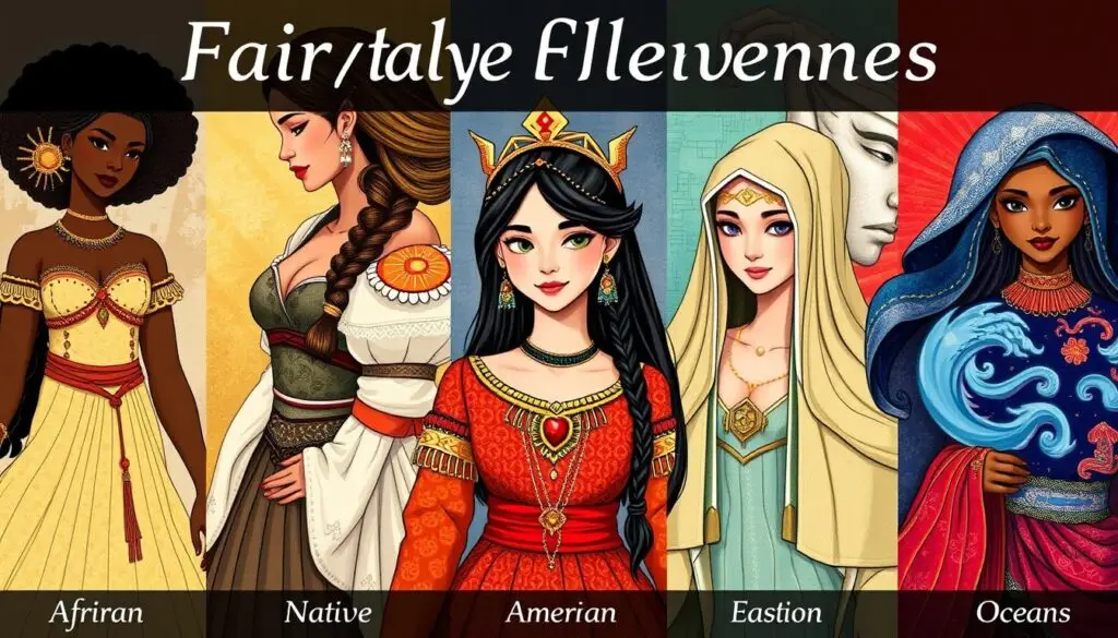 Kolaż przedstawiający baśniowe postacie kobiece z różnych kultur świata