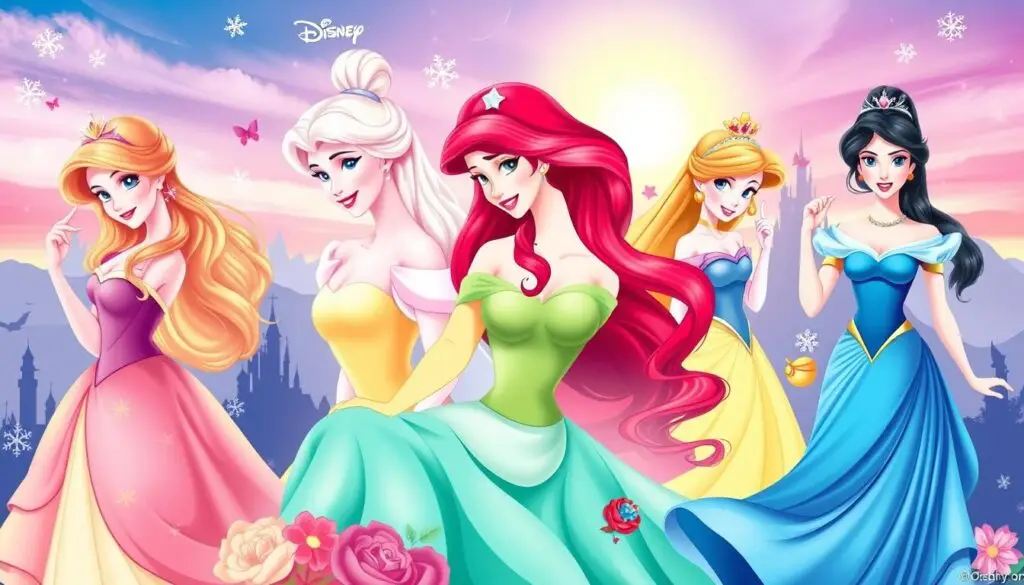 Kolaż przedstawiający księżniczki Disneya, symbolizujący baśniowe imiona żeńskie z popularnych animacji