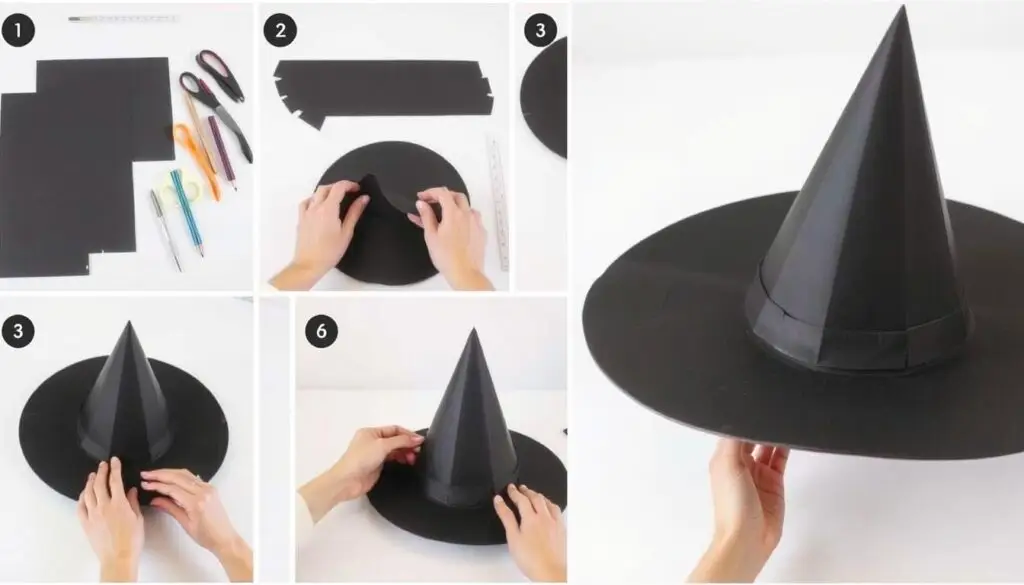 Kolejne etapy tworzenia kapelusza czarownicy z kartonu pokazane krok po kroku