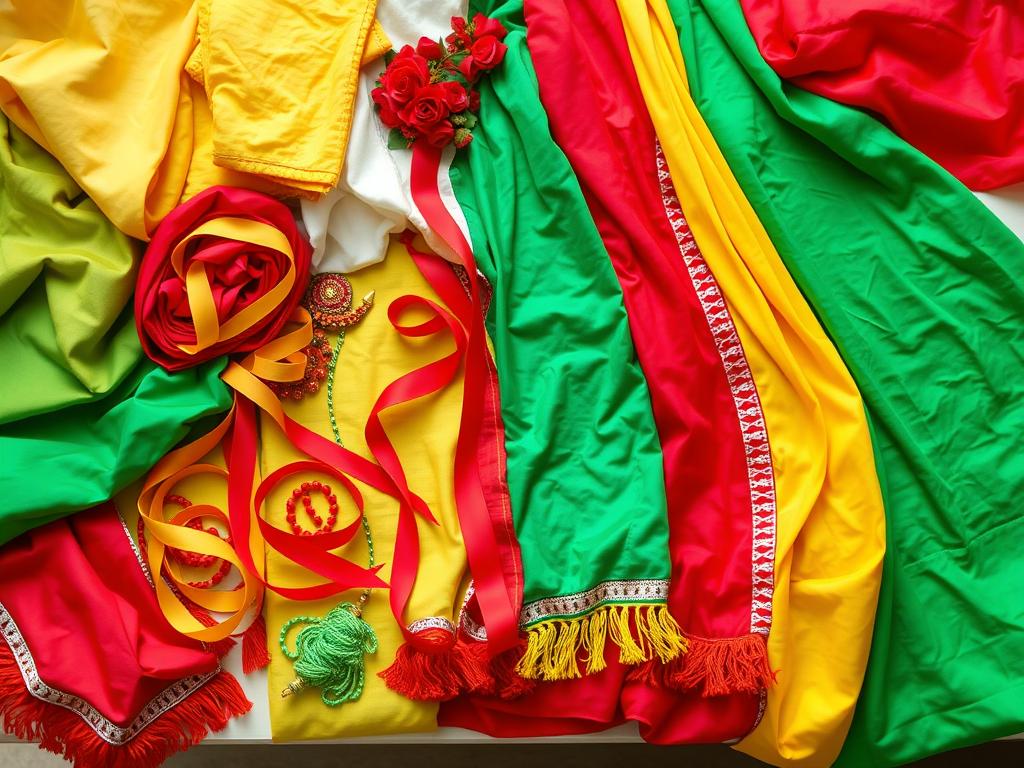 Kolorowe materiały do stworzenia stroju meksykańskiego ułożone na stole