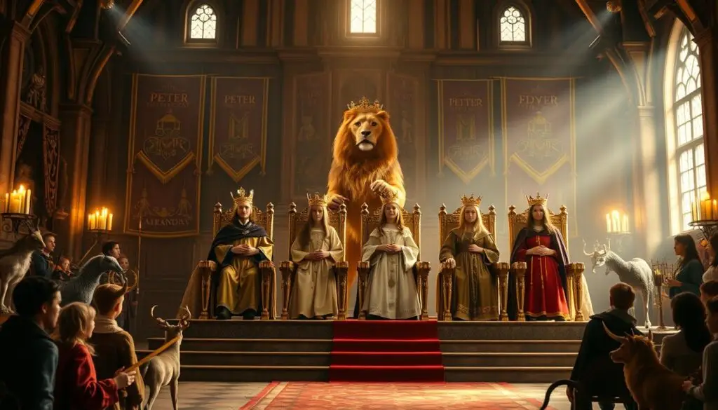 Koronacja rodzeństwa Pevensie na królów i królowe Narnii z ich królewskimi przydomkami
