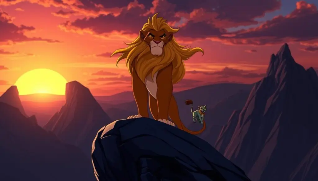 Król Mufasa z filmu Król Lew stojący majestatycznie na Lwiej Skale