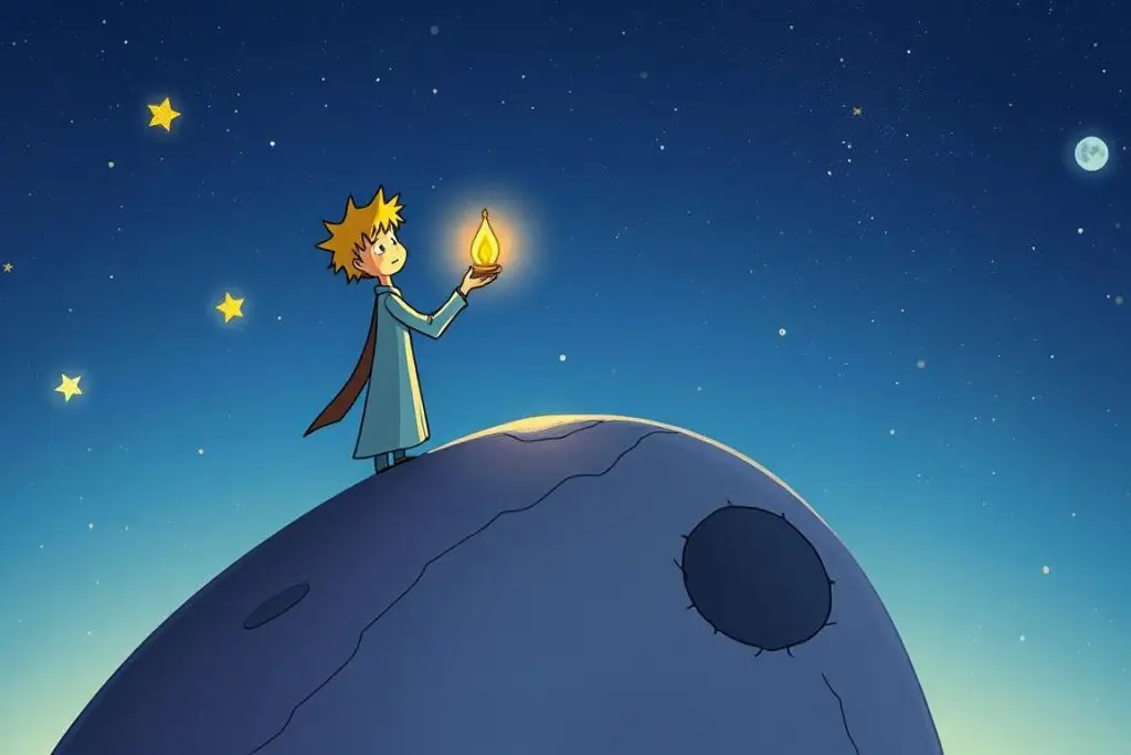 Latarnik z Małego Księcia zapalający latarnię na swojej małej planecie