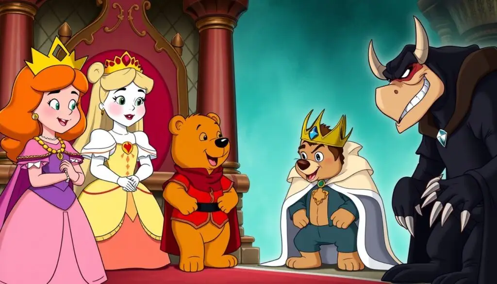 Ludzkie postacie z bajki Gumisie: Księżniczka Kala, Kevin, Król Gregor i Książę Ightorn