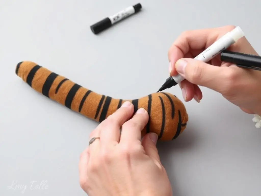 Malowanie wzorów na ogonie kota z rajstop