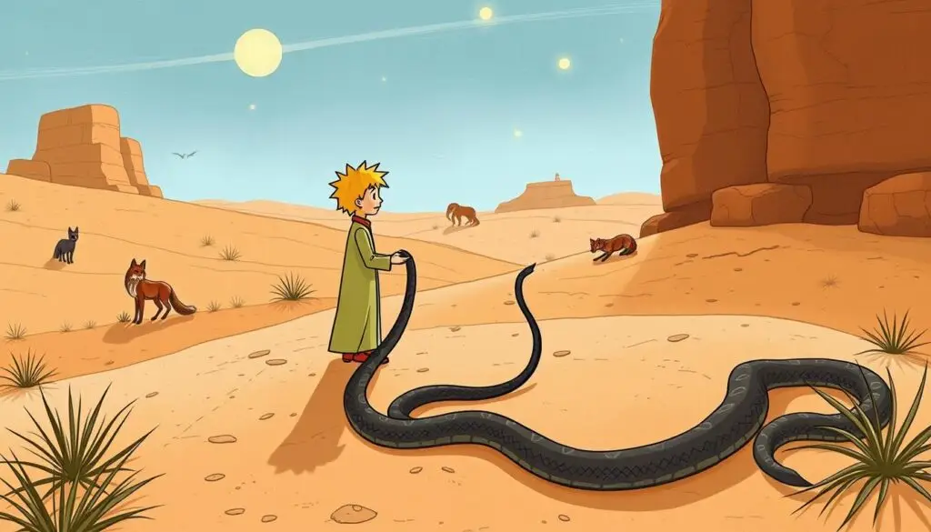 Mały Książę na Ziemi spotykający Żmiję i inne postacie