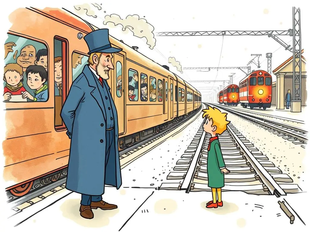 Mały Książę rozmawiający ze Zwrotniczym o sensie ludzkiego pośpiechu