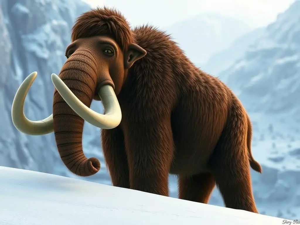 Mamut Maniek z Epoki Lodowcowej stojący na zaśnieżonym wzgórzu