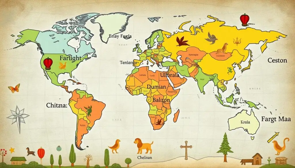 Mapa świata z zaznaczonymi baśniowymi imionami żeńskimi z różnych kultur