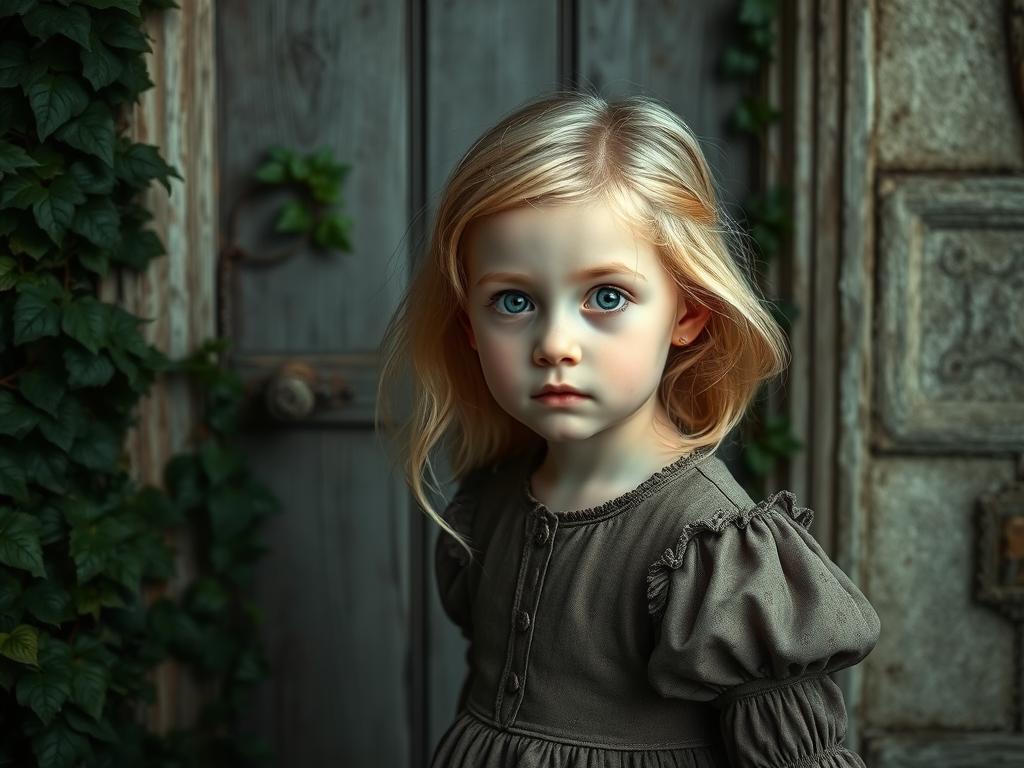 Mary Lennox z Tajemniczego ogrodu stojąca przed zamkniętymi drzwiami ogrodu